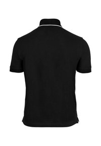 Czarna koszulka polo z krótkim rękawem o prążkowanej fakturze i kontrastującym białym kołnierzyku. Posiada proste wykończenie u dołu i boczne rozcięcia dla wygody.