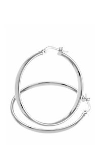 Srebrni uhani v obliki obroča s poliranim finišem, ki imajo gladko, okroglo zasnovo in nastavek za enostavno nošenje.