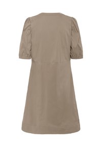 Lyhyt beige mekko, jossa on lyhyet puff-hihat, pyöreä kaula-aukko ja levenevä siluetti. Valmistettu sileästä, kevyestä kankaasta.
