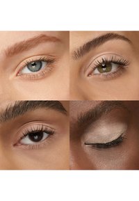 Vier Nahaufnahmen verschiedener Augen mit natürlichem Make-up, darunter eines mit geschlossenem Augenlid und matter Lidschatten.