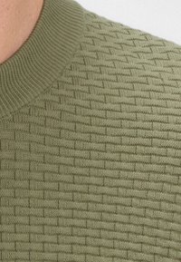 Olive green textured knitted sweater with a ribbed crew neckline, featuring a diamond pattern throughout the fabric.