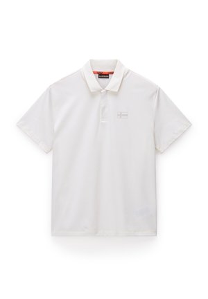 Polo bianco realizzato in tessuto liscio, con colletto button-down, maniche corte e un discreto logo sul lato sinistro del petto.