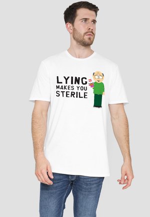 White cotton t-shirt featuring a printed graphic of a character holding an ice cream and the text "LYING MAKES YOU STERILE" in bold.