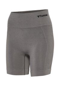 Grå sømløse atletiske shorts med høj talje, ribstrikkede sidesektioner og sort "hummel" logo på højre forreste del af taljebåndet.