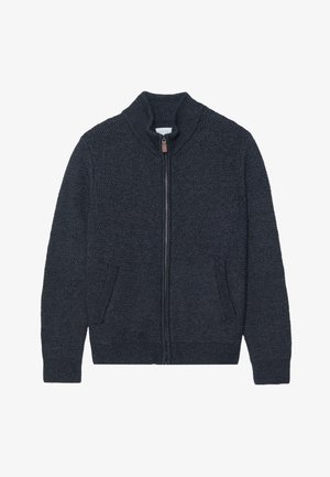 Cardigan en maille gris foncé avec un col montant, une fermeture éclair intégrale et deux poches latérales. Tissu texturé avec des poignets et un ourlet côtelés.