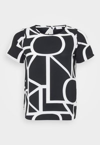 Czarnobiały top z krótkim rękawem z geometrycznym wzorem z okręgów i linii, okrągłym dekoltem oraz otworem na plecach.