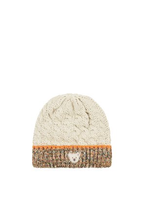 Cream-colored knitted beanie with a multicolored ribbed band and a small bear face patch on the front center.