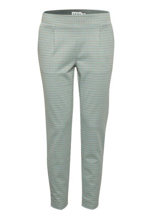 Plaid trousers in light blue with brown accents, smooth fabric, tapered legs, and a waistband label. Features two front pockets.