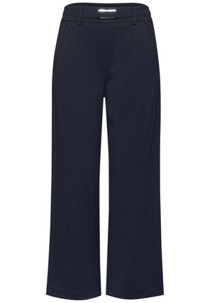 Pantalon bleu marine à jambes larges avec ceinture élastique, passants pour ceinture, poches latérales et fermeture à clip à l'avant.