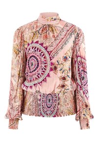 Langærmet bluse med høj hals i blød rosa stof, med farverige blomster mønstre og indviklede cirkulære designs, med smocket talje.