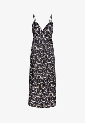 Czarna maxi sukienka z głębokim dekoltem w kształcie litery V, regulowanymi ramiączkami i wirującym wzorem w odcieniach beżu i kremu. Wykonana z gładkiego materiału.