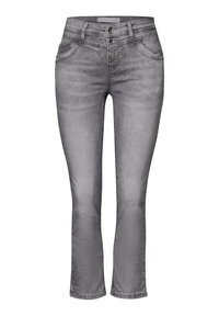 Grey wash slim-fit denim jeans with double buttons, front pockets, and visible stitching, shown against a white background.