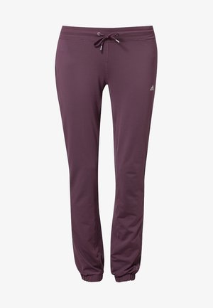 Fioletowe spodnie dresowe Adidas z ściągaczem w pasie, elastycznymi mankietami i małym logo Adidas na górnej części uda.