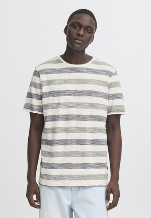 Striped t-shirt with short sleeves, featuring alternating thin blue, green, and beige stripes, round neckline, and soft textured fabric.