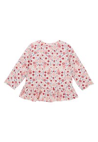 Langsleeve top van zachte, roze stof met een bloemenpatroon in rood, blauw en wit. Kenmerkt zich door een gerimpelde zoom en een ronde halslijn.