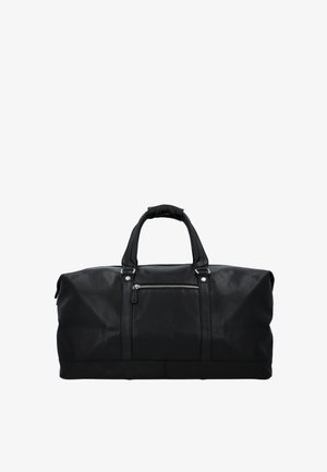 Čierna kožená cestovná taška s dvoma rúčkami, predným vreckom na zips a spevneným dnom, zobrazená na bielom pozadí.