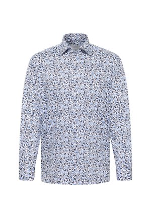 Langärmeliges Herren-Hemd mit Knöpfen, blauer und schwarzer Blumenmuster auf weißem Hintergrund, Kentkragen und reguläre Passform.