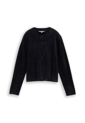 Zwarte, fluffy cardigan met een ronde halslijn, lange mouwen en een sluiting met knopen aan de voorkant. Heeft een gestructureerd oppervlak en een verkorte pasvorm.