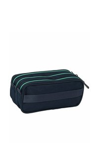 Navy etui na przybory z trzema zamykanymi na zamek komorami, akcentowane zielonym lamowaniem oraz teksturowanym materiałem. Posiada płaski design i solidny zamek.