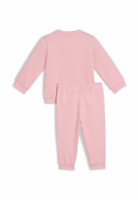 Hellrosa Zweiteiler Jogginganzug aus weichem Material, bestehend aus einem Sweatshirt mit Rundhalsausschnitt und Hose mit elastischem Taillenbund und gerippten Säumen.