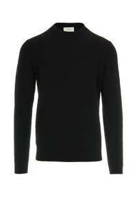Maglione nero lavorato a maglia con un motivo a trama, scollatura a girocollo e maniche lunghe. I polsini e l'orlo a coste offrono maggiore struttura.