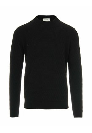 Maglione nero lavorato a maglia con un motivo a trama, scollatura a girocollo e maniche lunghe. I polsini e l'orlo a coste offrono maggiore struttura.