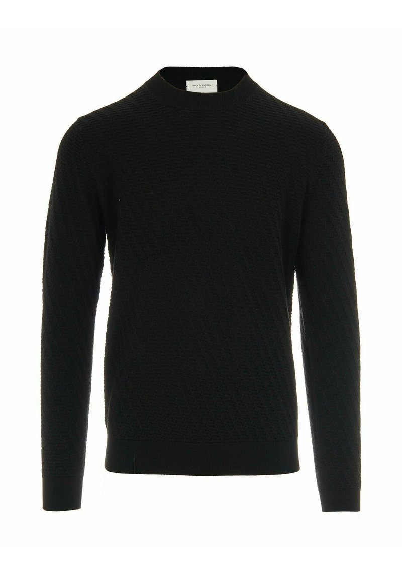 Maglione nero lavorato a maglia con un motivo a trama, scollatura a girocollo e maniche lunghe. I polsini e l'orlo a coste offrono maggiore struttura.