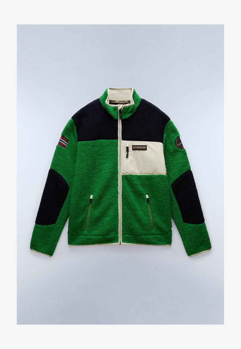Fuzzy grønn og mørkeblå fleecjakke med kremfargede detaljer, glidelåslommer og et brystlomme-logo. Den har høy krage og kontrastfargede ermer.