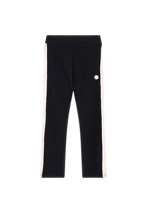 Zwarte rechte broek met lichtroze zijstrepen en voorzakken, met een klein rond logo op het rechterbeen.