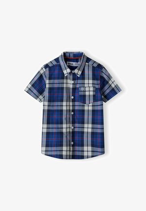 Camicia a maniche corte con bottoni in plaid blu, bianco e grigio, dotata di una tasca sul petto e logo ricamato in alto a sinistra.