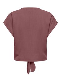 Blouse courte mauve avec manches courtes et un détail de nœud noué à l'ourlet arrière.