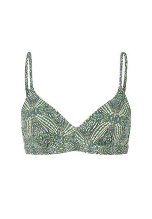 Driehoekige bikini-top in groene stof met een bloemen- en bladerenpatroon, voorzien van dunne verstelbare bandjes en een geplooid detail in het midden.