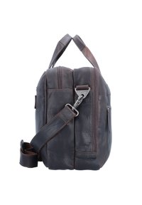 Leren schoudertas in donkerbruin, met twee handvatten aan de bovenkant, een afneembare schouderband en ritscompartimenten. Gestructureerd oppervlak.