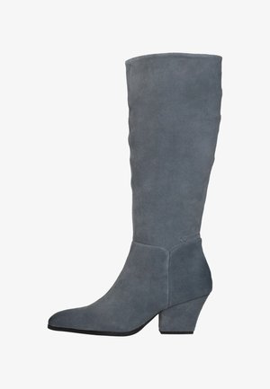 Grijze suede kniehoge laars met een spitse neus, schuine hak en een zachte textuur. Heeft een nauwsluitende schacht en minimale details.