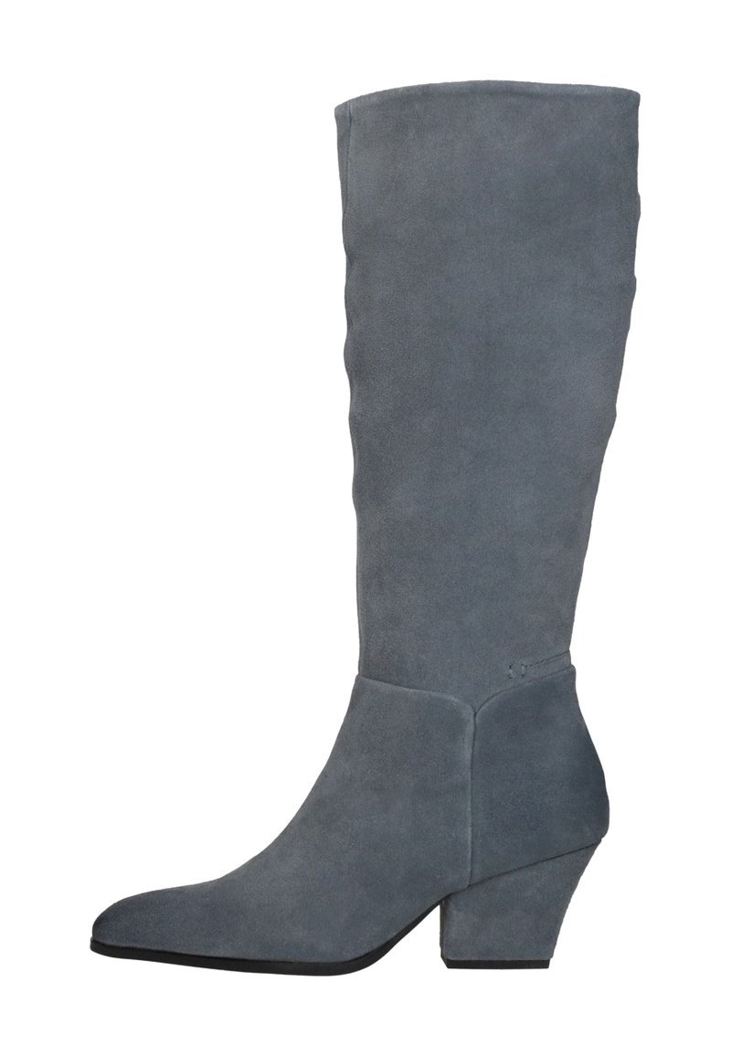 Grijze suede kniehoge laars met een spitse neus, schuine hak en een zachte textuur. Heeft een nauwsluitende schacht en minimale details.