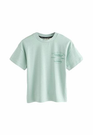 Mintgrünes Baumwoll-T-Shirt mit rundem Halsausschnitt, kurzen Ärmeln und bedruckten Textdetails auf der Vorderseite in einem kontrastierenden dunkleren Grün.