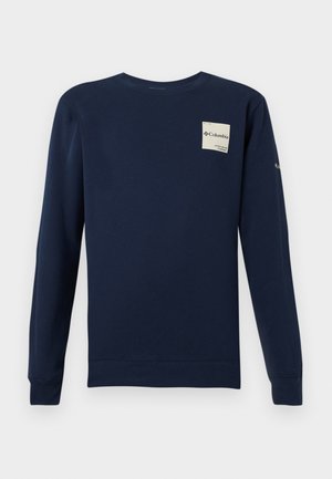 Mørkeblå sweatshirts med lange ærmer lavet af bomuld; har et rektangulært logo-patch på brystet og ribbede manchetter ved ærmerne og kanten.