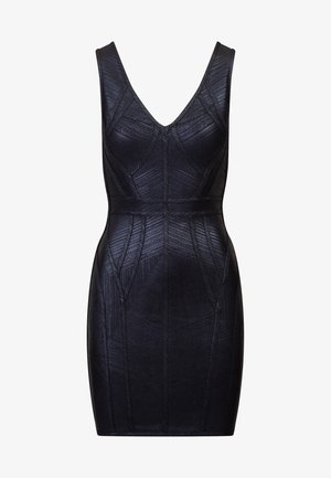 Abito bodycon nero con scollatura a V profonda, motivo geometrico testurizzato e design senza maniche, caratterizzato da una silhouette aderente e una finitura liscia.