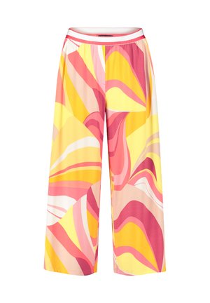 Colorful wide-leg pants made of smooth fabric, featuring abstract swirls in pink, yellow, and cream tones with an elastic waistband.