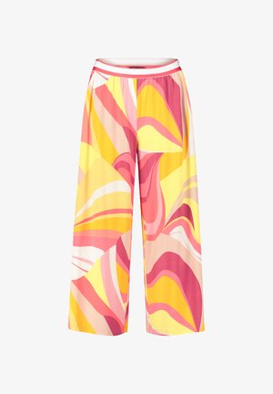 Farverige brede bukser lavet af glat stof, med abstrakte svaj i rosa, gul og creme nuancer samt en elastisk talje.
