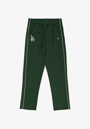 Zelene športne hlače iz gladkega blaga z vrvico za zatezanje v pasu, belimi bočnimi črtami in svetlim logotipom spredaj.