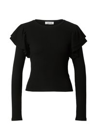 Long-sleeve black top with ribbed texture and ruffled accents on shoulders, featuring a round neckline and fitted design.