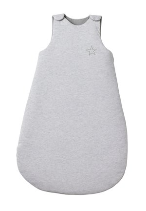 Grau Baumwoll-Schlafsack für Babys mit ärmellosem Design, runder Form und Schulterknöpfen. Verfügt über ein kleines gesticktes Sternchen-Detail.