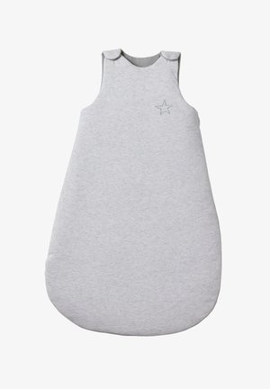 Gray cotton baby sleeping bag with sleeveless design, rounded shape, and shoulder snaps. Features a small embroidered star detail.