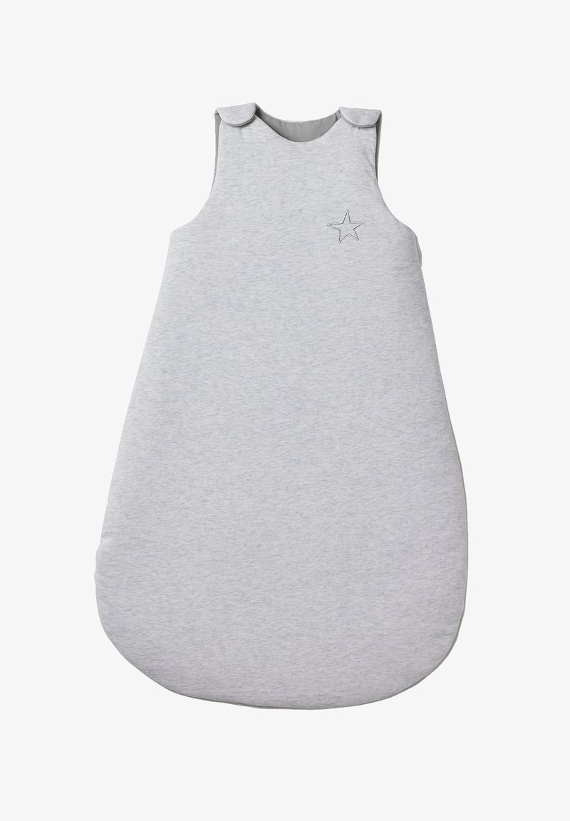 Grau Baumwoll-Schlafsack für Babys mit ärmellosem Design, runder Form und Schulterknöpfen. Verfügt über ein kleines gesticktes Sternchen-Detail.