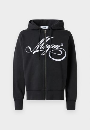 Black zip-up hoodie with white cursive logo across the chest, drawstrings, long sleeves, and ribbed cuffs and hem.
