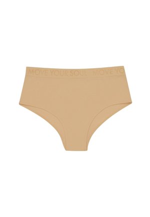 Beige high-waisted underwear with a smooth texture and the phrase "MOVE YOUR SOUL" embossed in a matching color along the waistband.