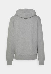 Sudadera gris de textura suave, con capucha, mangas largas y un corte holgado. Sin logos ni patrones visibles en la parte posterior.