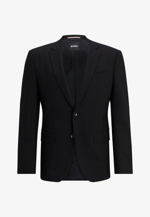 Black single-breasted blazer made of smooth fabric. Features two buttons, notch lapels, and two front pockets. Lined interior.