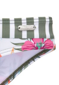 Bas de bikini avec un imprimé floral en rose et orange, taille rayée verte, et une étiquette métallique "Venice Beach". Tissu doux et couture.